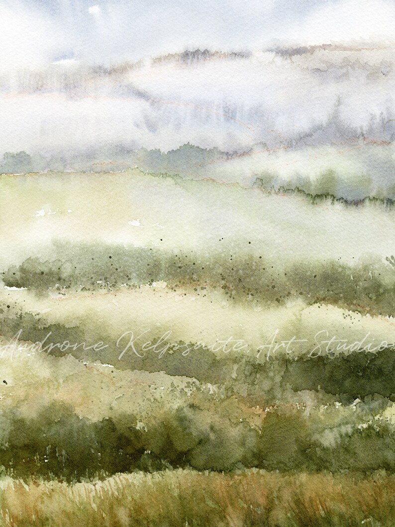 Fields Abstract Landscape Painting, Muted Green Nature 2 Piece Watercolor DIY Printable Wall Art, Country Hills Neutral Landscape Print image 8