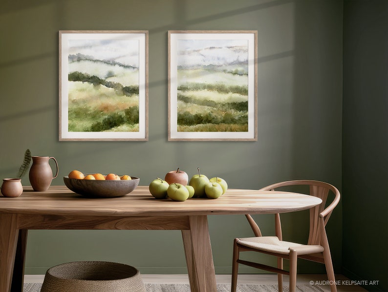 Fields Abstract Landscape Painting, Muted Green Nature 2 Piece Watercolor DIY Printable Wall Art, Country Hills Neutral Landscape Print image 4