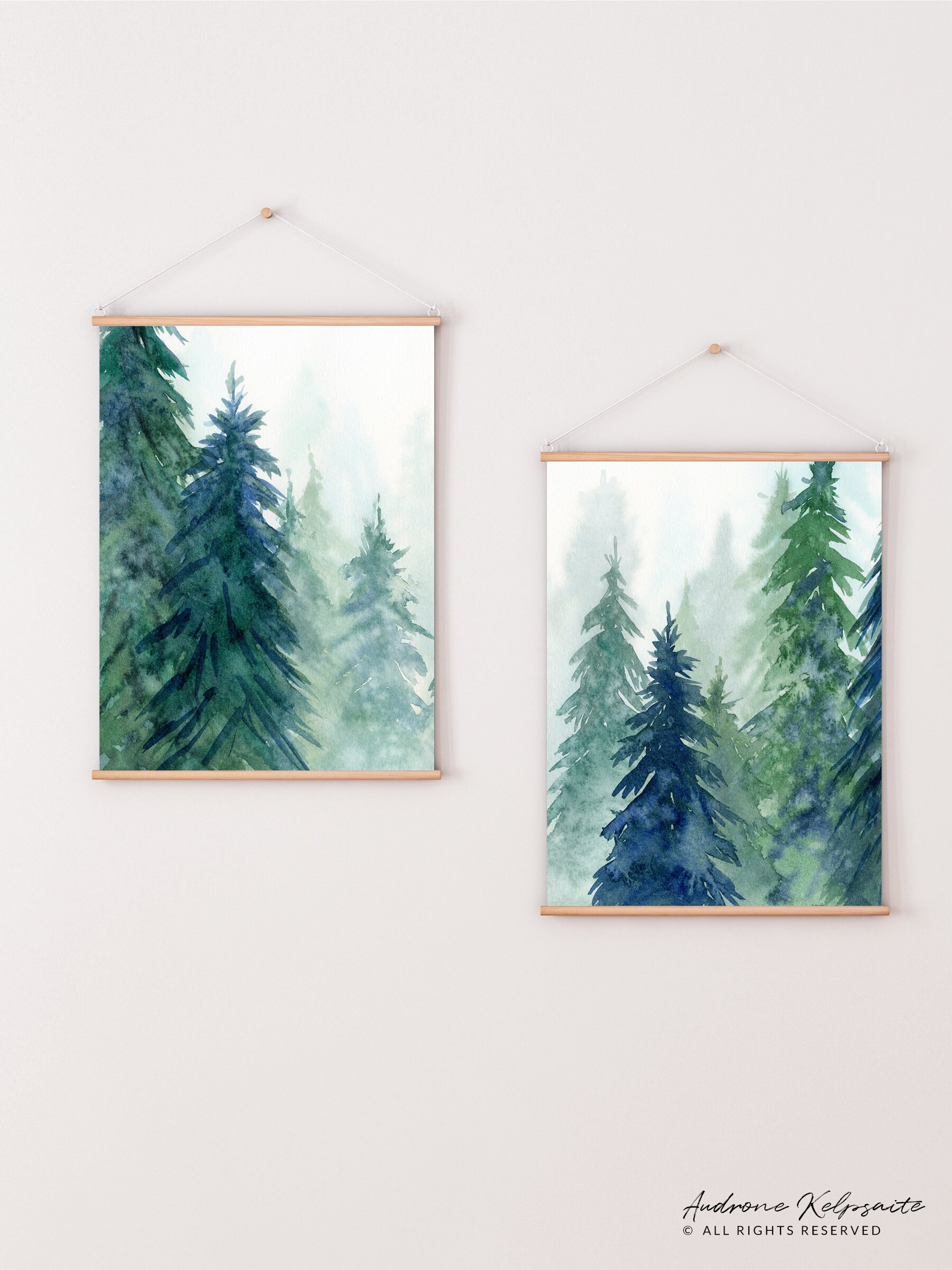 Evergreen Forest Printable Wall Art Set of 2, Watercolor Pine Trees ...
