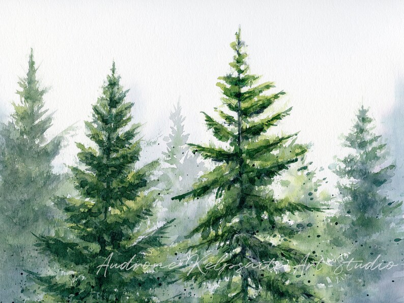 Evergreen Trees Printable Wall Art Conifer Trees Watercolor Etsy UK