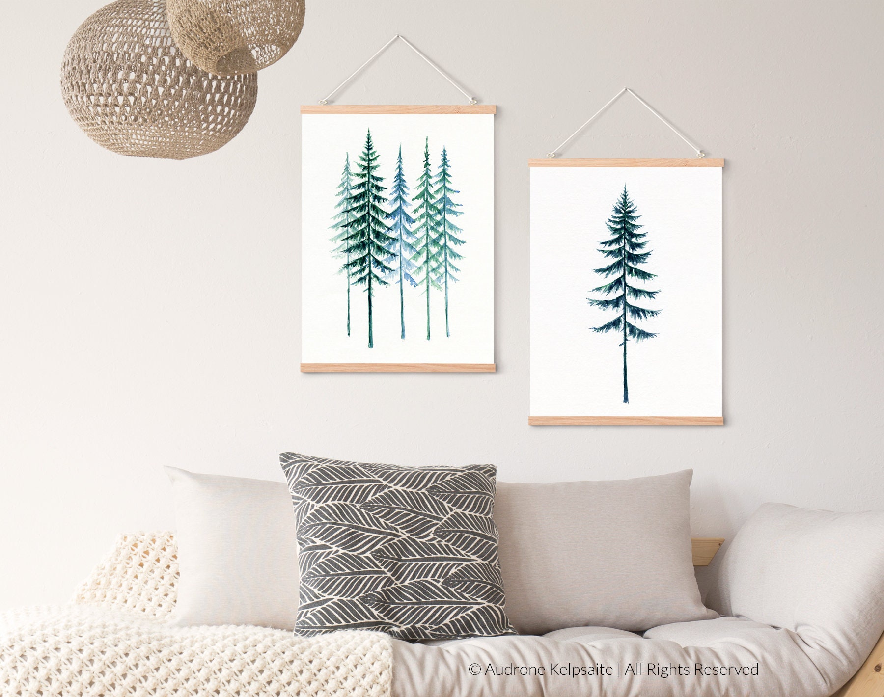 Evergreen Trees Printable Wall Art Set of 2, Pine Trees Watercolor ...