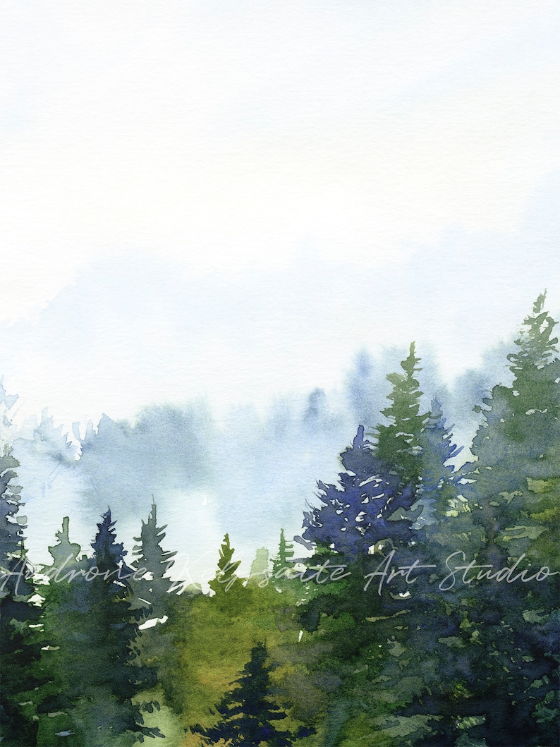 Forest Printable Wall Art Watercolor Evergreen Trees Etsy Chamba rumal