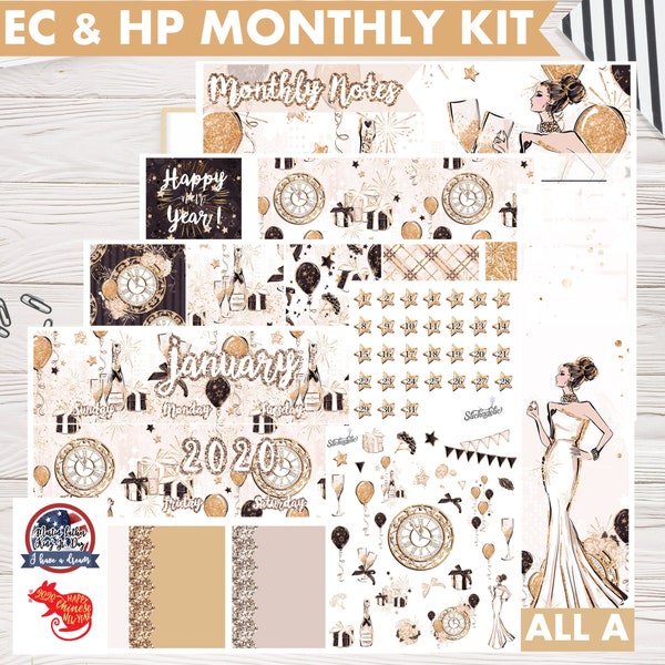 Gold New Year 2024 January Monthly Kit | Planner stickers for Erin Condren Life Planner & 8.5x11 2023, and Classic Happy Planner stickers