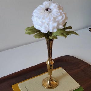 Peut inclure: Un vase en laiton doré contenant une fleur blanche et du feuillage vert. Le vase est posé sur deux livres, un vert et un jaune, sur un plateau en bois. Les livres sont intitulés "The Odyssey" et "McClelland and Stewart Limited".