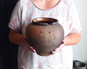 Pot en argile rustique vintage : Récipient Wabi Sabi, années 50-60