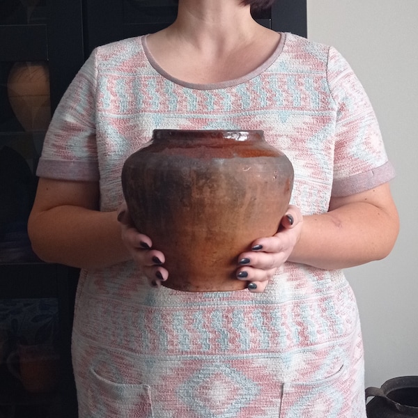 Vintage clay pot, Antique vessel, Wabi Sabi pottery, Old red clay vase, Rustic pot, Primitive clay pot, Rustic vase