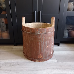 Primitive wooden mortar, Vintage wooden tub, Wabi Sabi decor, Primitive wooden bucket, Vintage wooden bucket