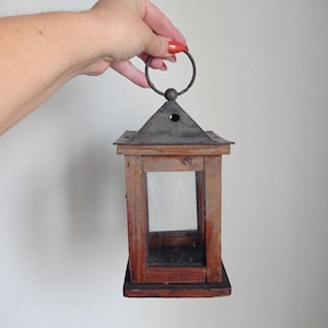 Vintage candle lantern, Antique wooden lantern, Old wooden lamp hanging, Primitive candle holder, Patio outdoor lantern
