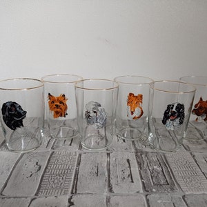 Set of 6 Dog portrait glasses, Vintage glasses with dogs, Collectible dog lover glasses, Yorkshire terrier, Border collie, Poodle, Boxer