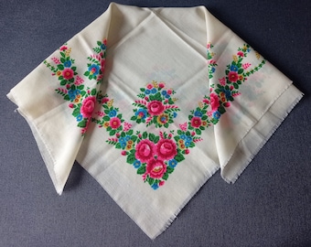 Vintage Ukrainian Floral Shawl, Babushka Scarf, Folk Tablecloth