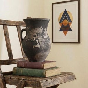 Vintage Black Clay Vase: Rustic Wabi Sabi Pottery, 1950s Folk Art