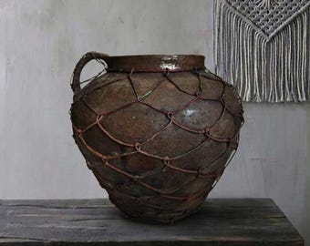 Vintage Clay Pot, Rustic Wabi Sabi Vase, Wired Decor