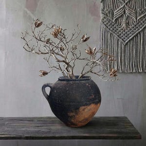 Può includere: Un vaso in ceramica marrone scuro con manico, contenente rami secchi con baccelli dorati. Il vaso è posto su una superficie di legno usurato, con un arazzo in macramè sullo sfondo.