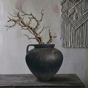 Vintage Black Clay Pot: Rustic Wabi Sabi Vase, Primitive Decor