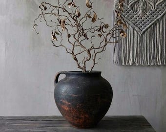 Large Black Clay Vase: Vintage Rustic Wabi Sabi Vessel