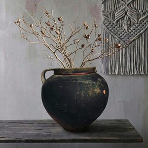 Vintage Black Clay Pot: Rustic Wabi Sabi Vase, 1940s Decor