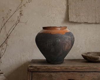 Vintage clay pot, Rustic clay vase, Wabi Sabi vessel