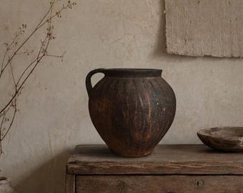 Pot vintage en argile noire : vase Wabi Sabi rustique, décoration années 50