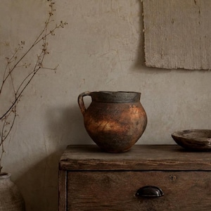 Vintage Rustic Red Clay Pot: Wabi Sabi Vessel, Smoked Finish