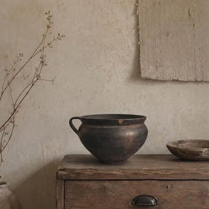 Vintage Black Clay Pot, Rustic Wabi Sabi Cooking Vessel, 1950s Decor