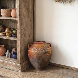 May include: A large, round, terracotta-coloured ceramic jar with two side handles, featuring a glazed finish with mottled brown, orange, and green tones, and a decorative white zigzag pattern around the upper body, placed on a wooden floor.