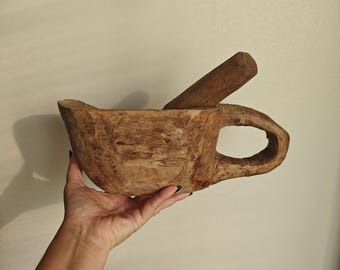 Mortier Rond Rustique En Bois D'olivier 18 Cm + Pilon - Fabriqué En Tunisie - Neuf