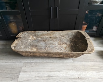 Antique Hand Carved Wooden Dough Bowl: Rustic Primitive Trough, 41.33 in