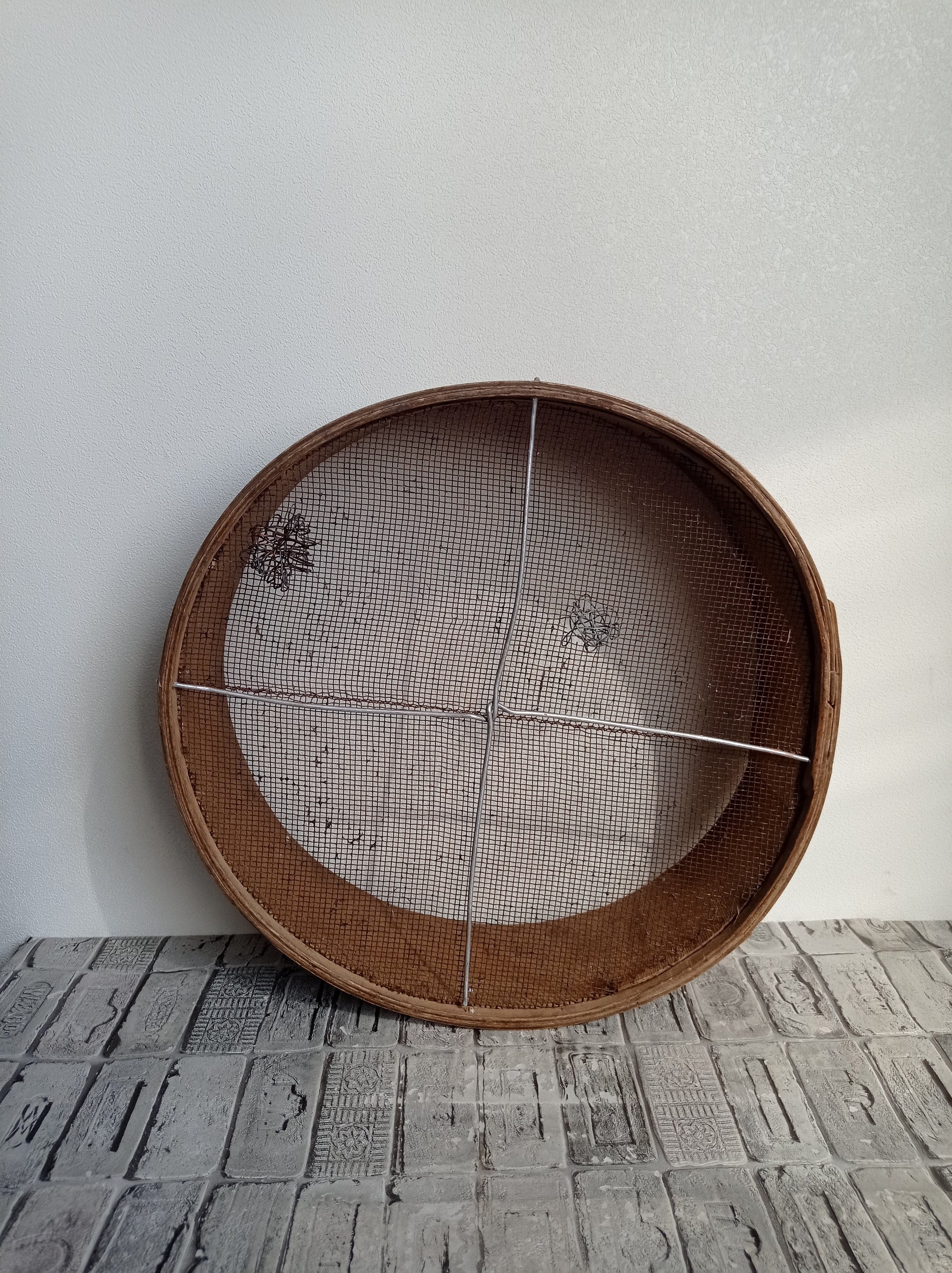 Primitive grain sieve, Vintage large sieve, Old wooden sieve, Rustic decor