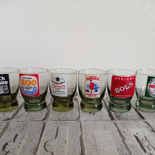 Very rare vintage set of 11 shot glasses with names of drinks, Old