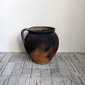 Vintage Black Clay Pot: Rustic Wabi Sabi Vase, Primitive Decor