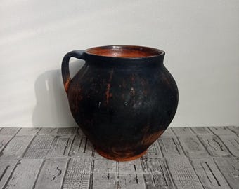 Vintage Black Clay Pot: Rustic Wabi Sabi Vase, 1950s Decor