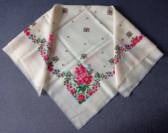 Vintage Floral Babushka Shawl, Folk Ukrainian Scarf, USSR 1960s