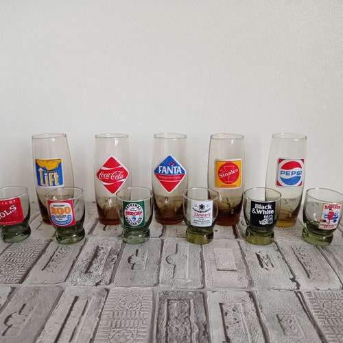 Very rare vintage set of 11 shot glasses with names of drinks, Old