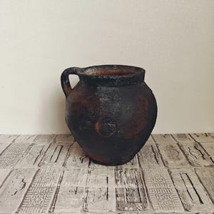Vintage clay pot, Wabi Sabi style, Small rustic vase, Primitive pot, Antique vessel