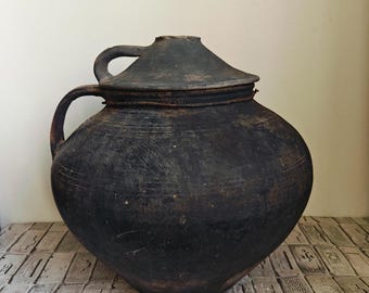 Vintage Black Clay Pot with Lid: Rustic Wabi Sabi Vase