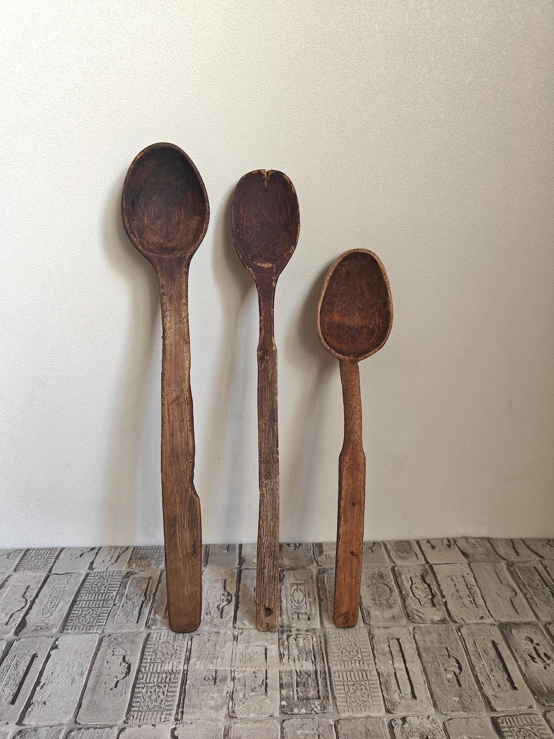 Large rustic wooden spoons, Primitive wooden spoons, Old handmade wooden spoons, Wabi sabi, Vintage spoons