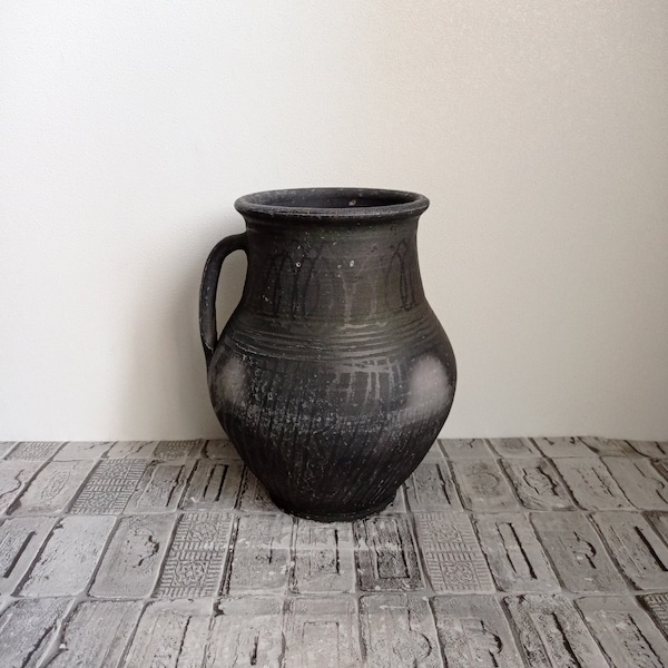 Vintage black clay pitcher, Wabi Sabi vase, Old clay vessel, Rustic vase, Antique black vessel