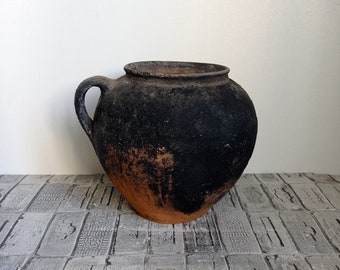 Pot vintage en argile noire : vase Wabi Sabi rustique, décoration années 40
