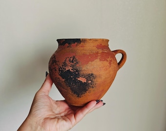 Old small clay pot, Vintage clay vase, Wabi Sabi pot, Rustic decor, Antique vessel
