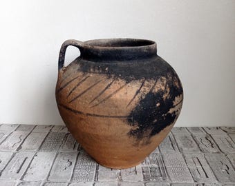 Vintage clay pot, Old clay pot, Wabi Sabi vessel, Rustic vase, Primitive pot, Antique vessel