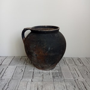 Old clay pot, Wabi Sabi vessel, Vintage black clay pot, Rustic vase, Antique vessel