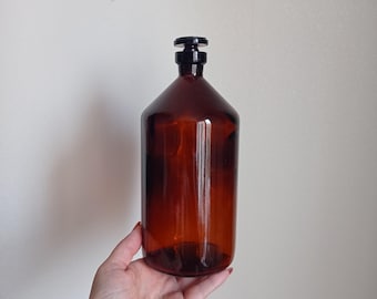 Vintage Brown Glass Pharmacy Bottle with Lid - Rustic Vase