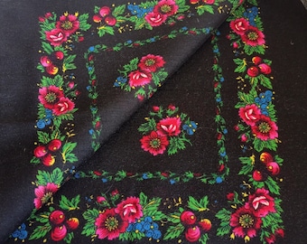 Vintage Ukrainian Wool Shawl, Small Black Floral Babushka, Soviet Folk Scarf