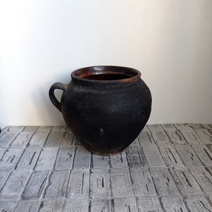Vintage Black Clay Pot: Rustic Wabi Sabi Vase, Primitive Decor