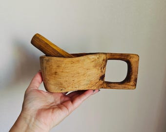 Hand Carved Wooden Mortar and Pestle: Rustic Wabi Sabi Decor