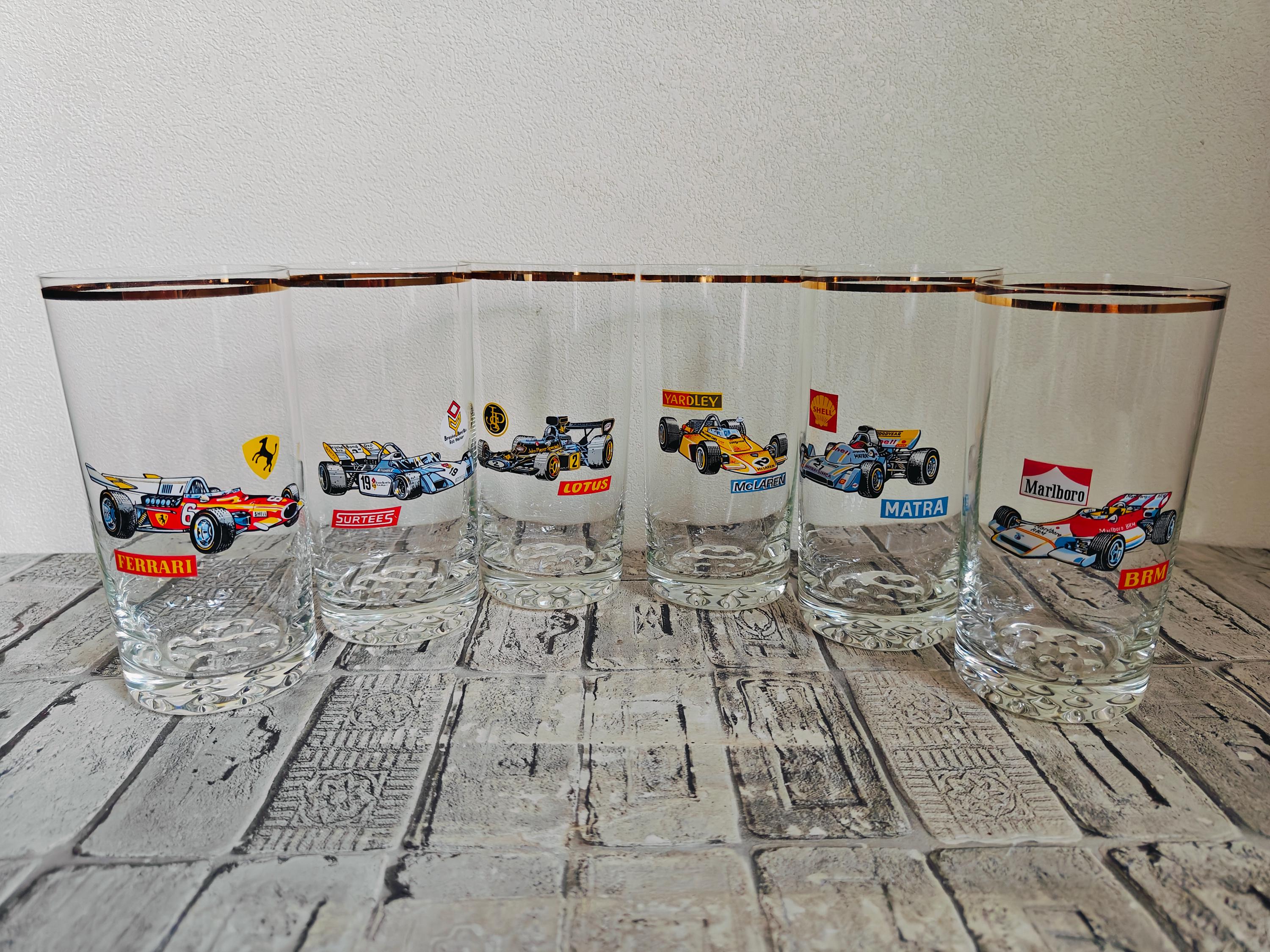 ヴィンテージF1レーシングカーグラス、6個セット、80年代ボヘミア