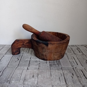 Hand Carved Wooden Mortar and Pestle: Rustic Wabi Sabi Decor