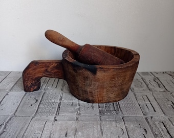 Hand Carved Wooden Mortar and Pestle: Rustic Wabi Sabi Decor