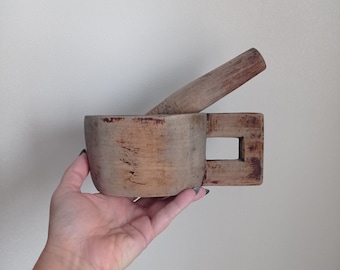 Hand Carved Wooden Mortar and Pestle: Primitive Rustic Decor