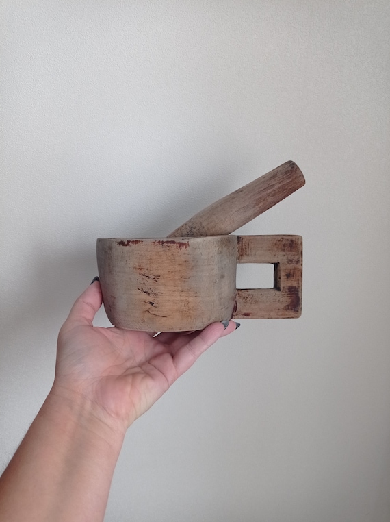 Hand Carved Wooden Mortar and Pestle: Primitive Rustic Decor